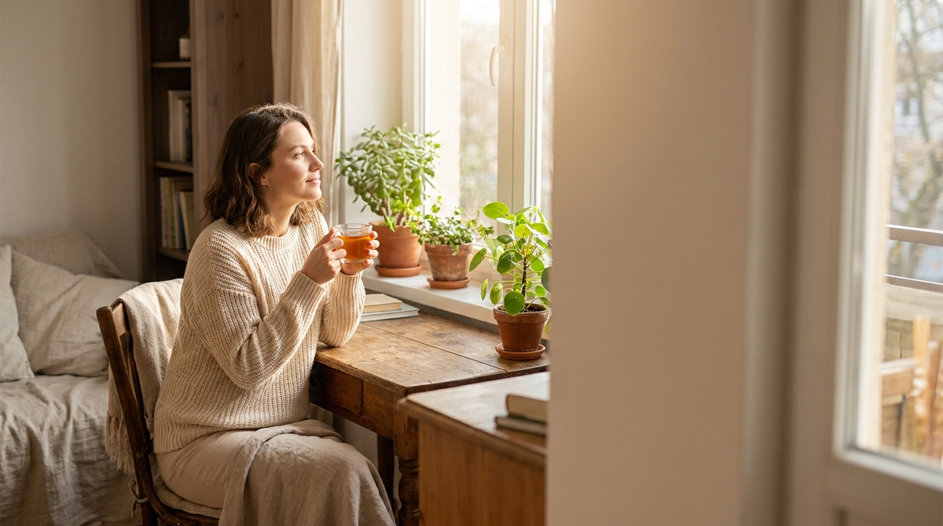 Entspannte Frau mit Kräutertee