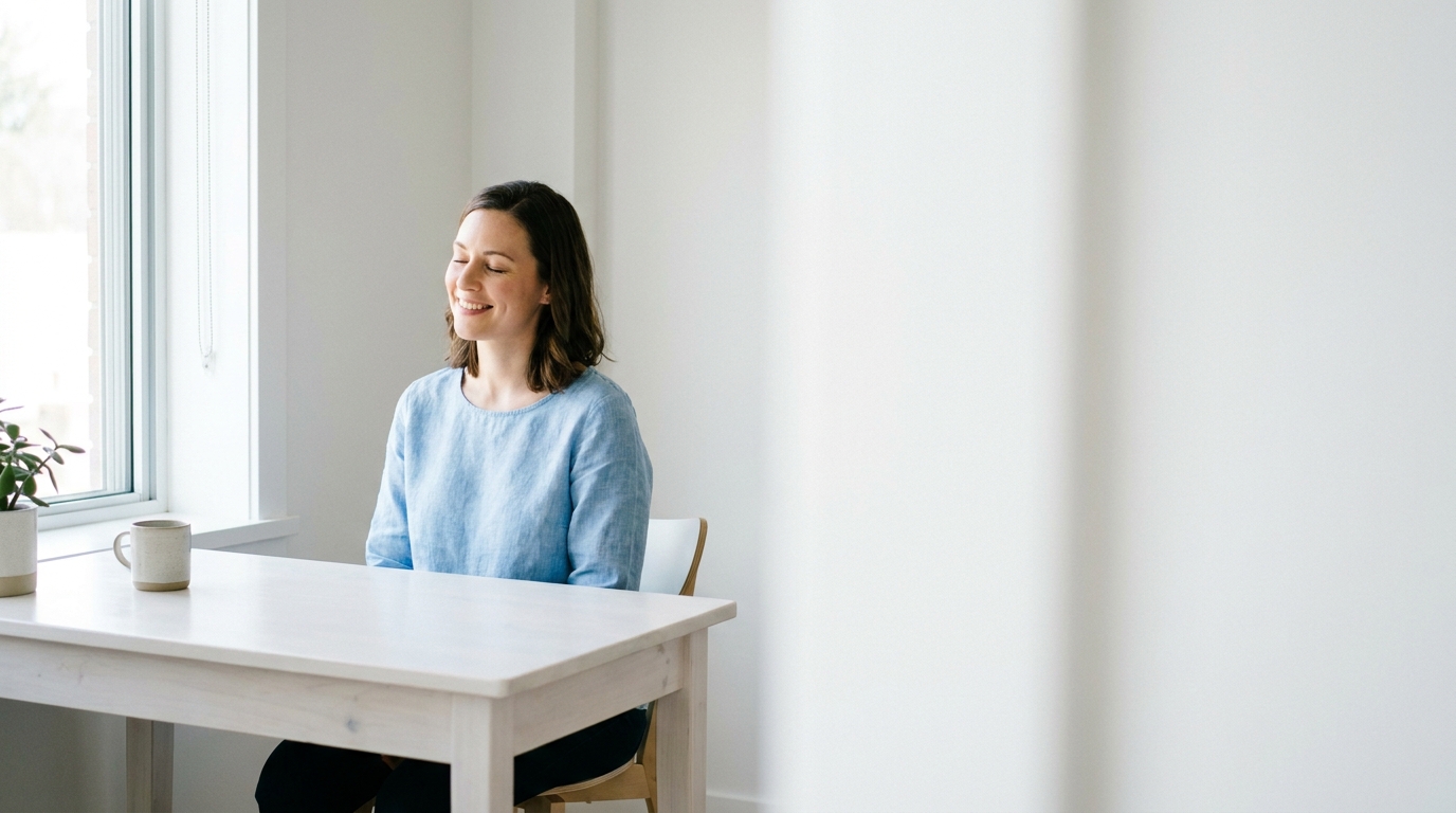 Frau entspannt an hellem Schreibtisch