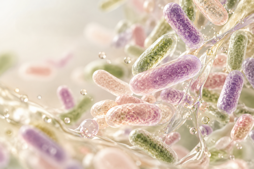 Abstrakte mikroskopische Darstellung ausgewählter Lactobacillus-Bakterien in sanften Pastelltönen