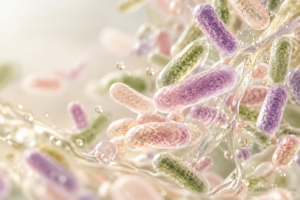 Abstrakte mikroskopische Darstellung ausgewählter Lactobacillus-Bakterien in sanften Pastelltönen