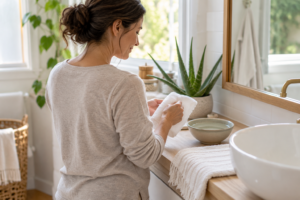 Frau mit Handtuch in einem hellen Badezimmer