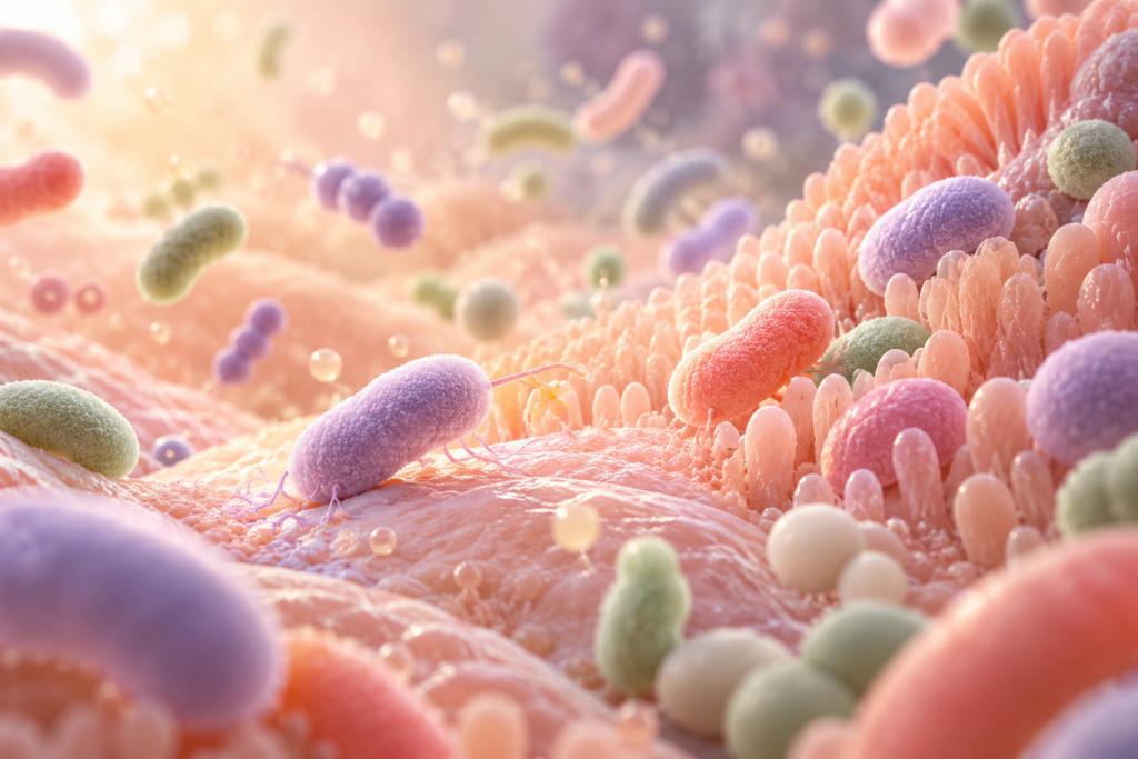 Abstrakte Bakterien in einer strukturierten mikroskopischen Umgebung als Bild für das vaginale Mikrobiom